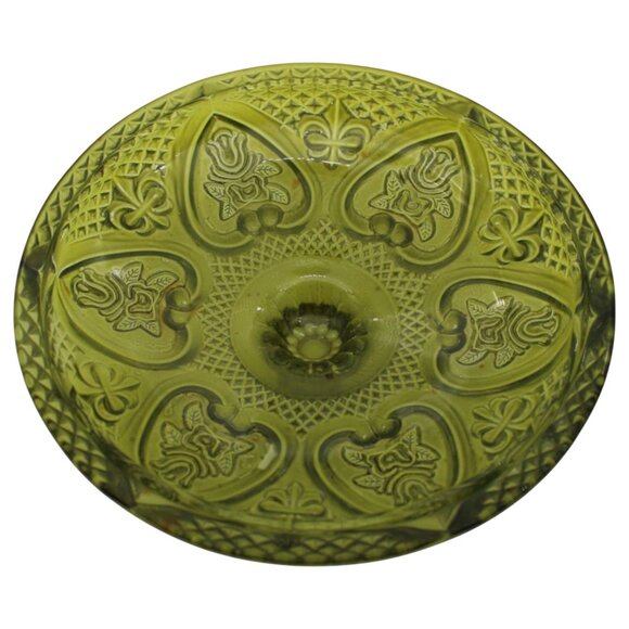 Green Depression Glass Lidded Candy Dish With Intricate Embossed Pattern - Picture 6 of 8